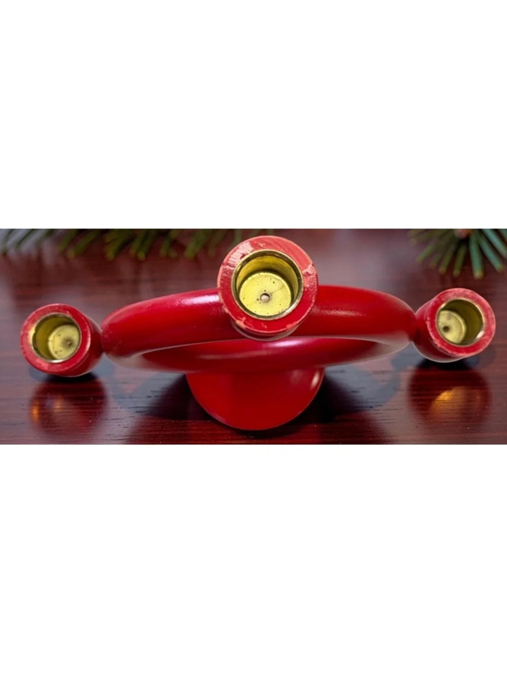 Vintage 1970s Swedish Red Wood Ring Candelabra 3 Candle Holder Sweden MCM